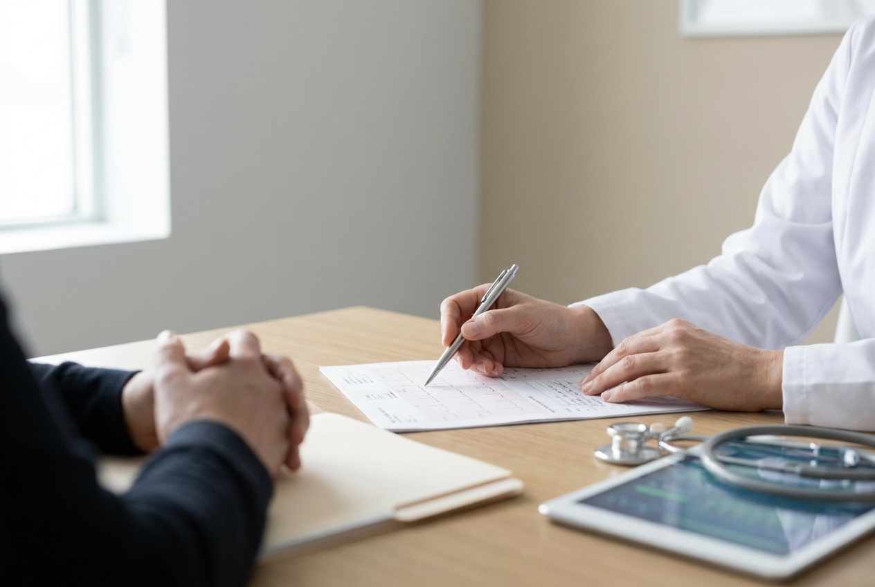 Close-up of a doctor's hands pointing at a medical chart on a desk during a patient consultation.