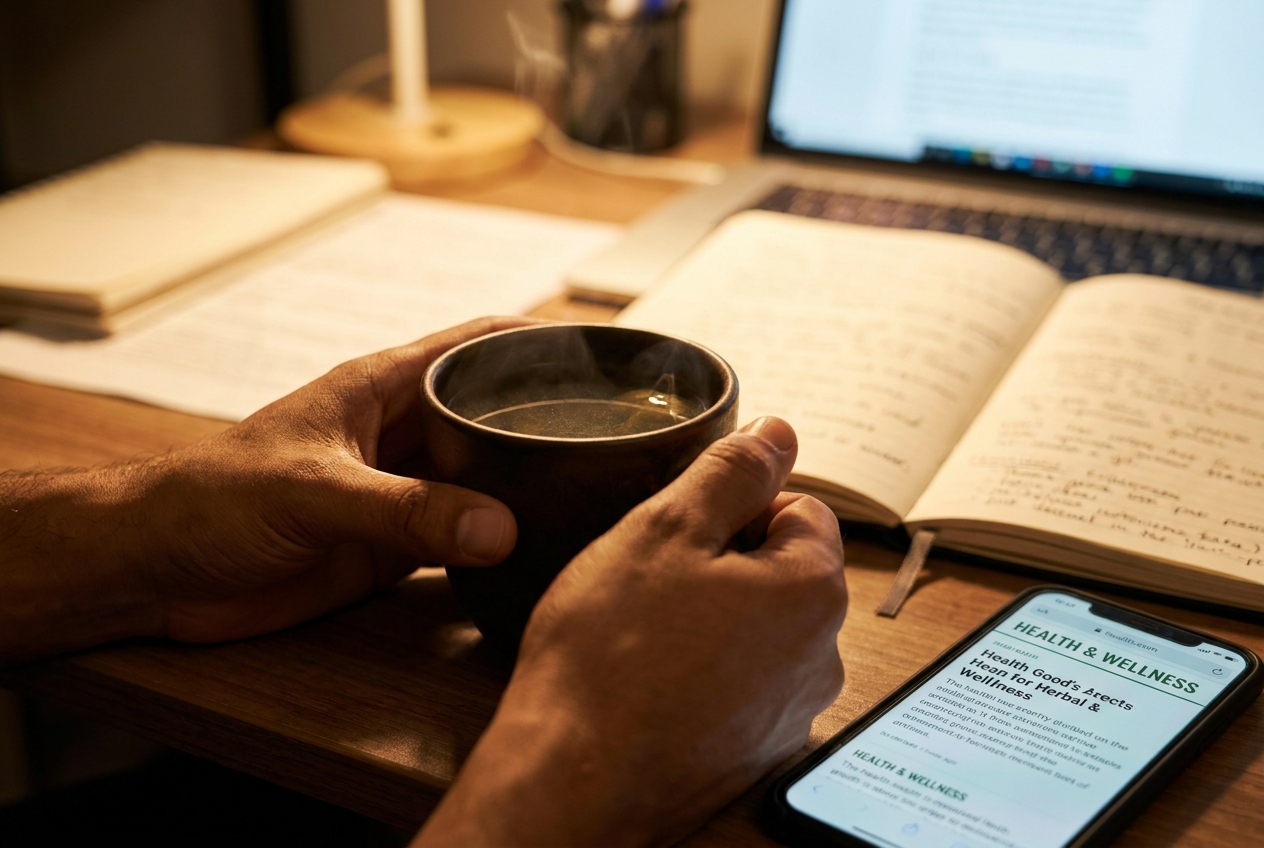 Hands holding a tea mug near a smartphone on a wooden desk.