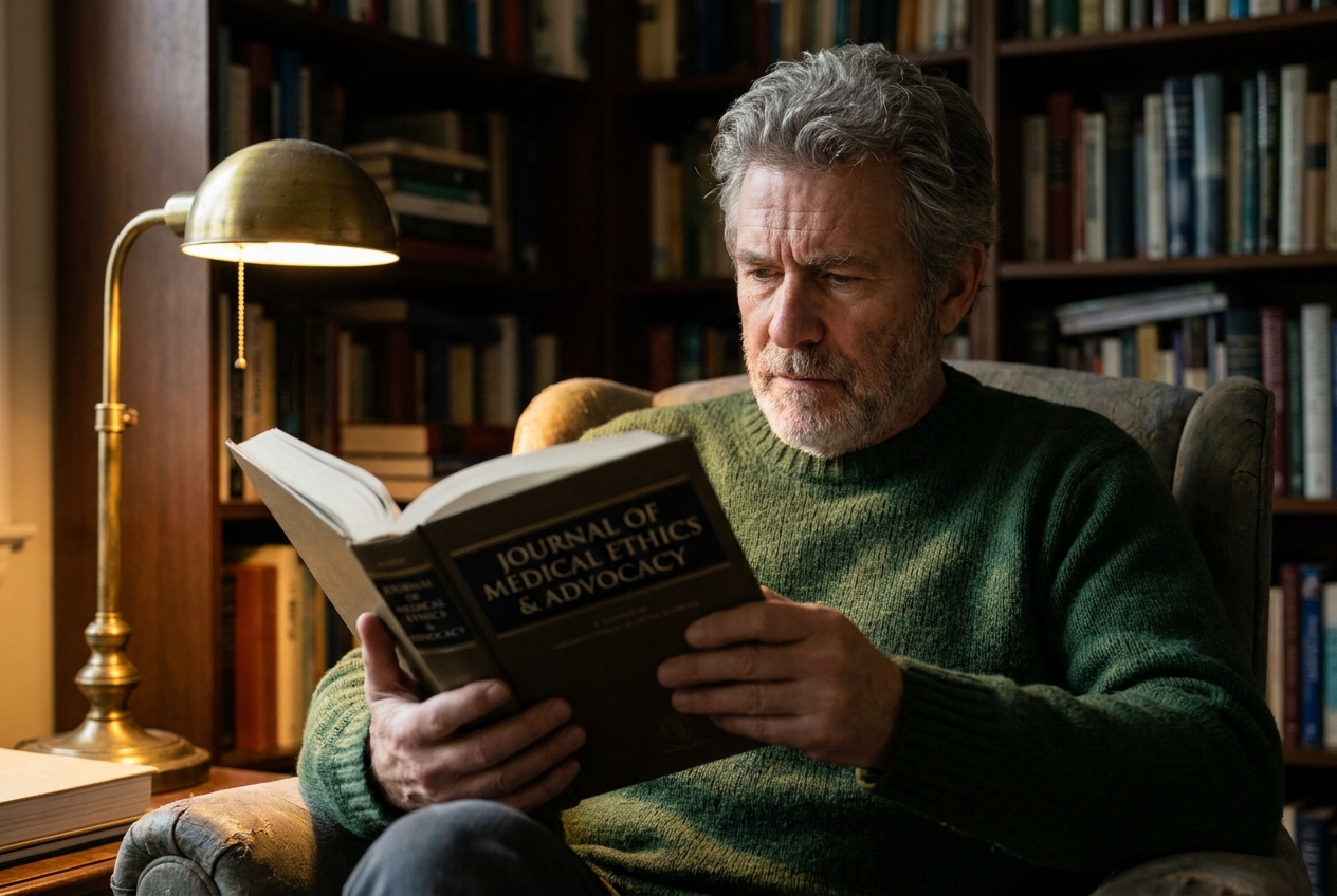A mature man reading a medical journal in a softly lit home office.