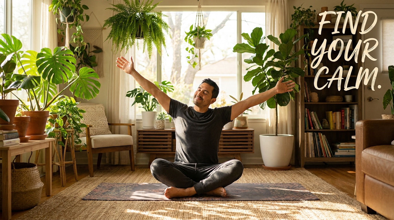 A man stretching calmly on a yoga mat in a sunlit room filled with green plants.