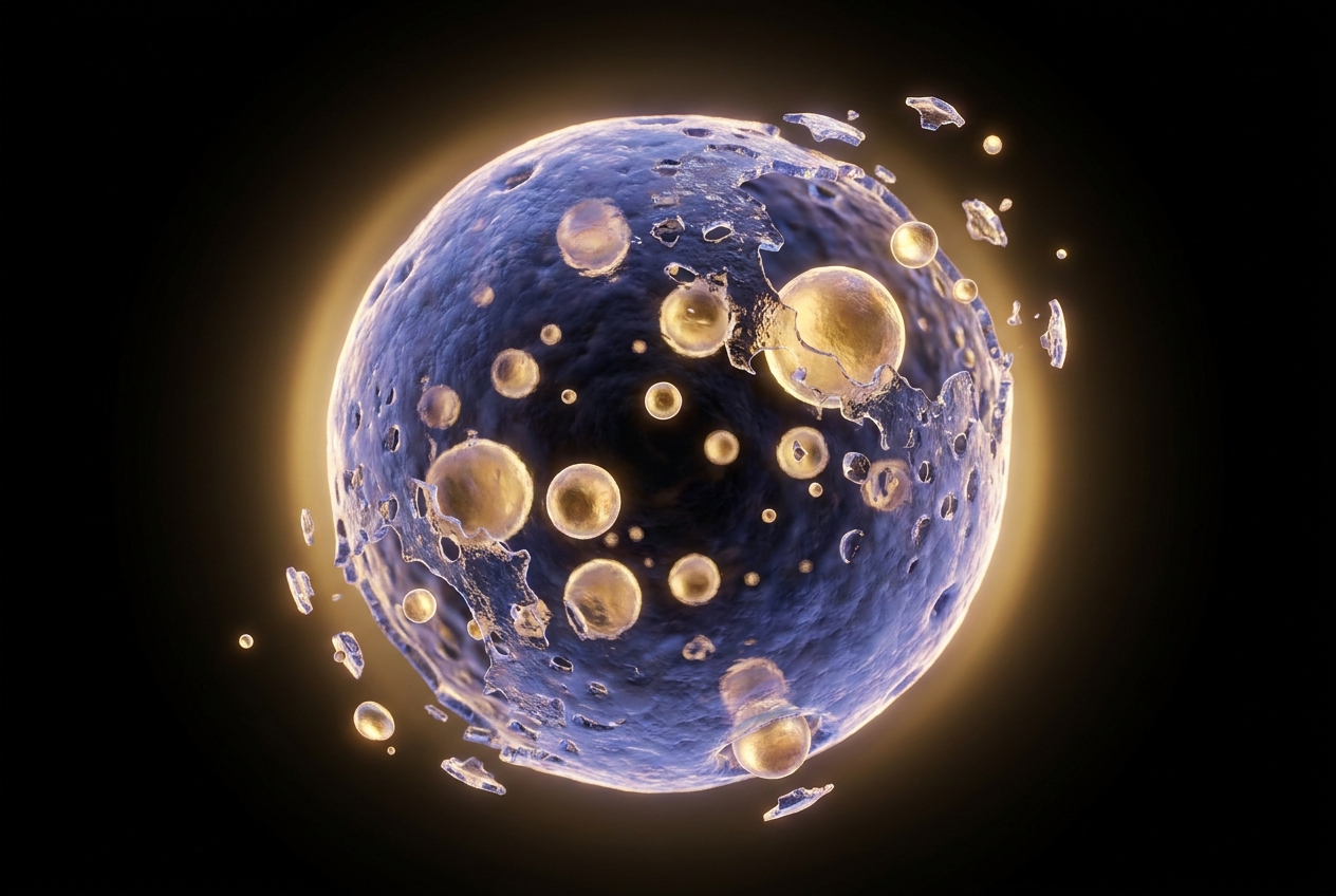 Microscopic abstract visualization of glowing golden lipids dissolving a spherical, translucent membrane.