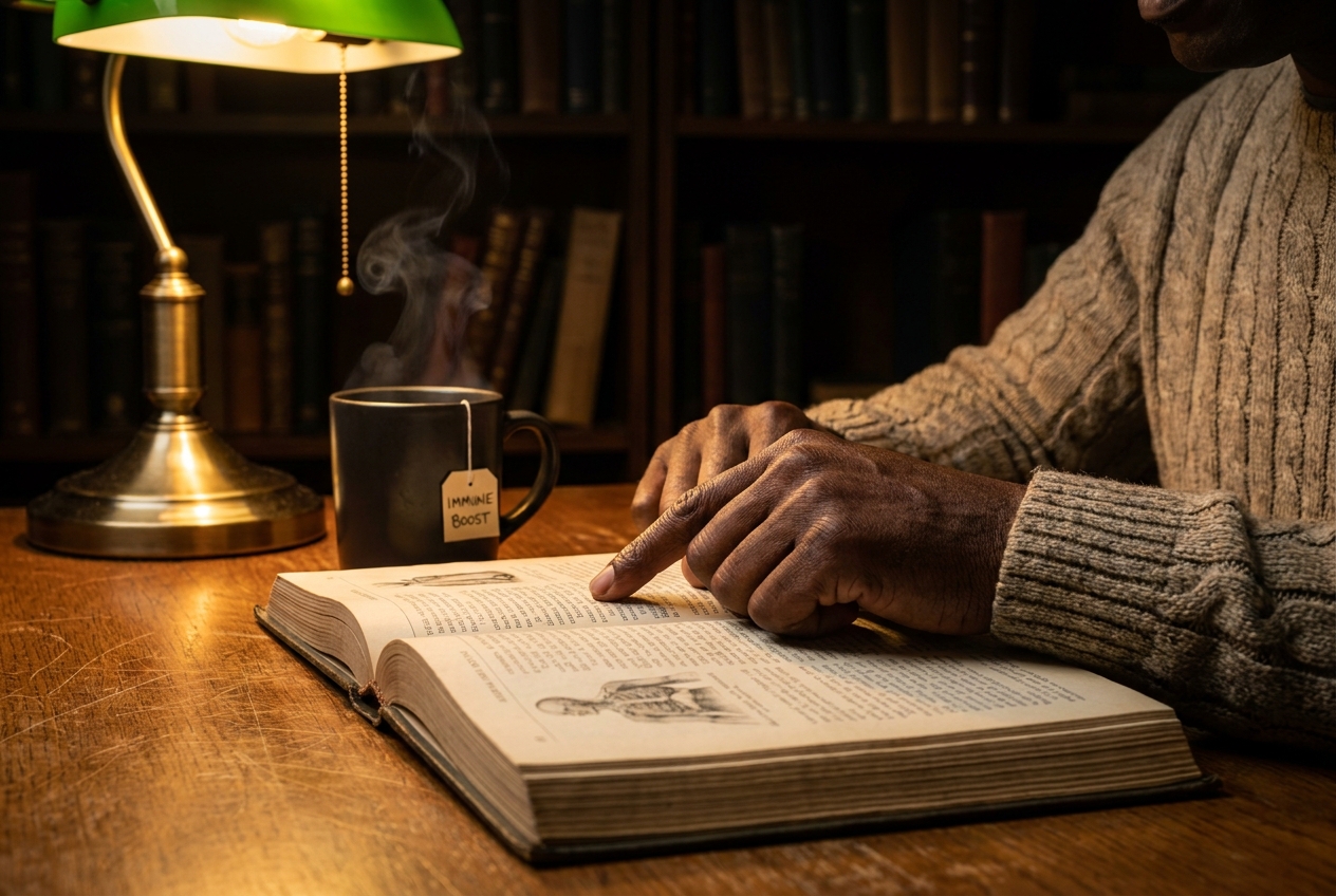 Close-up of a person's hands tracing text in an open medical journal on a wooden desk.