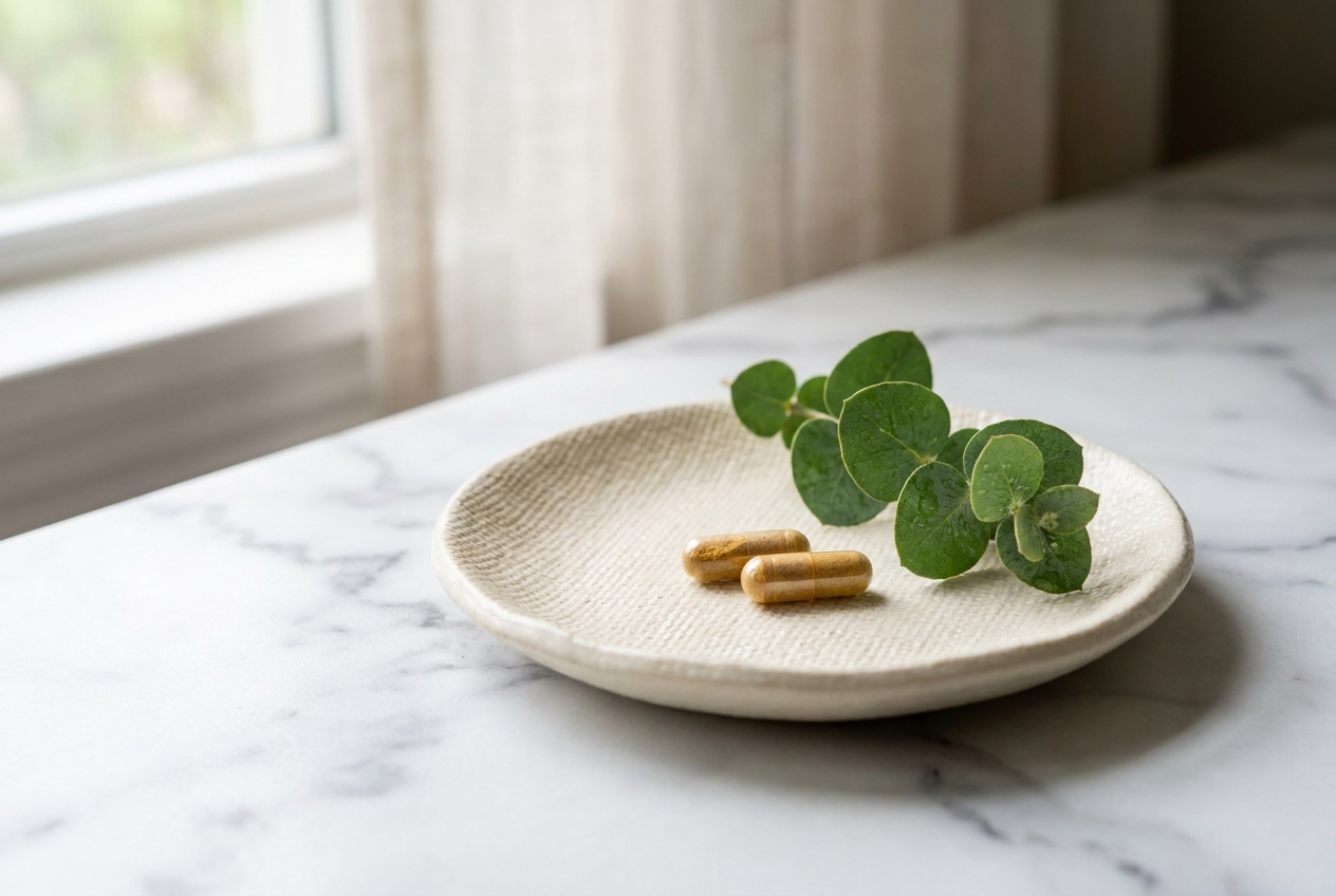Two clear supplement capsules in a small ceramic dish beside a eucalyptus sprig.