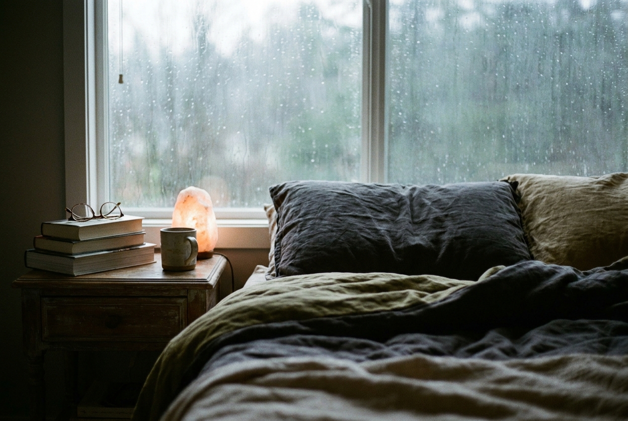 An empty, plush bed next to a rain-streaked window and a nightstand with books.