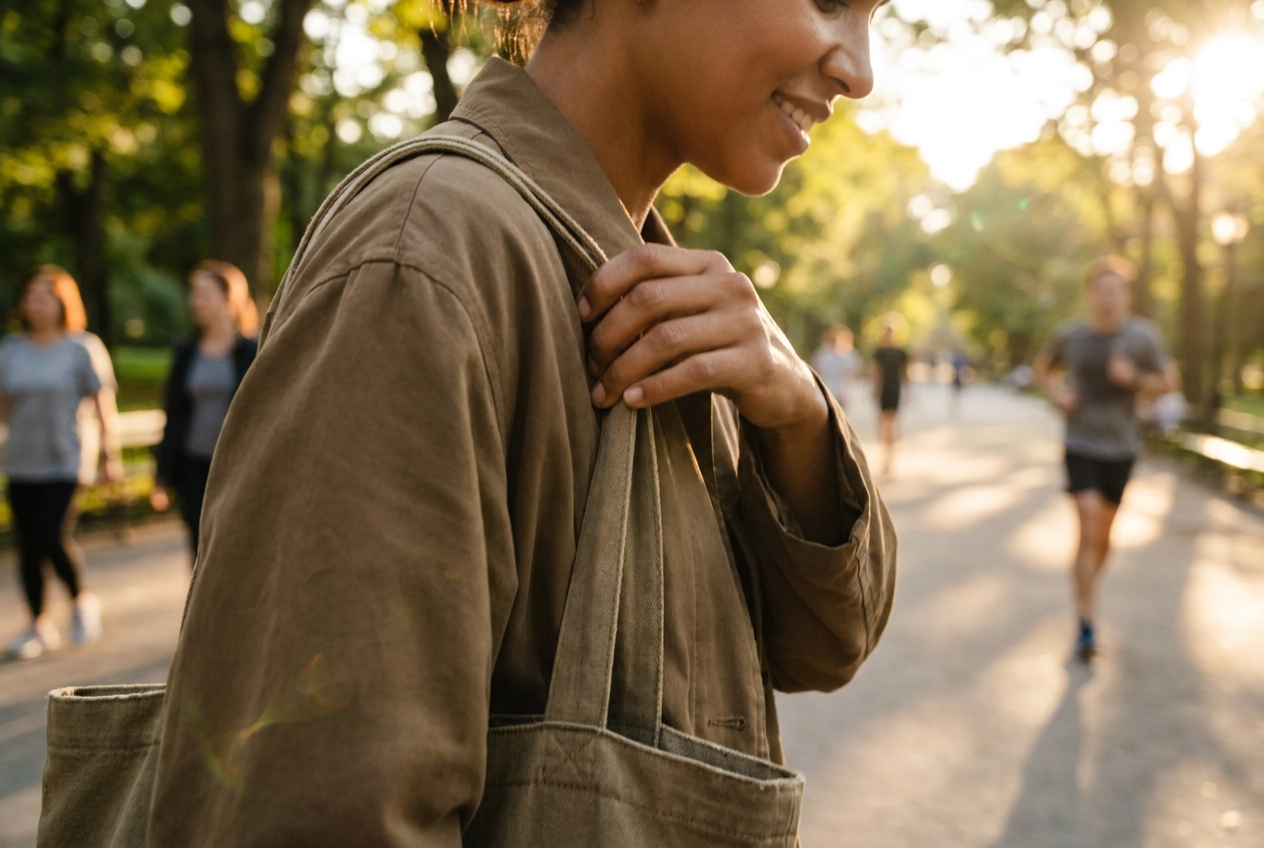 Woman smiling while adjusting her tote bag strap walking outdoors.