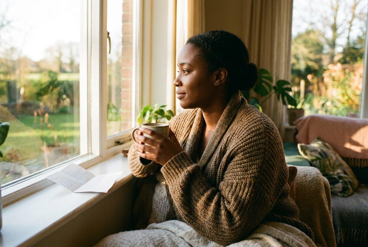 Woman sitting calmly by a sunlit window holding a warm mug
