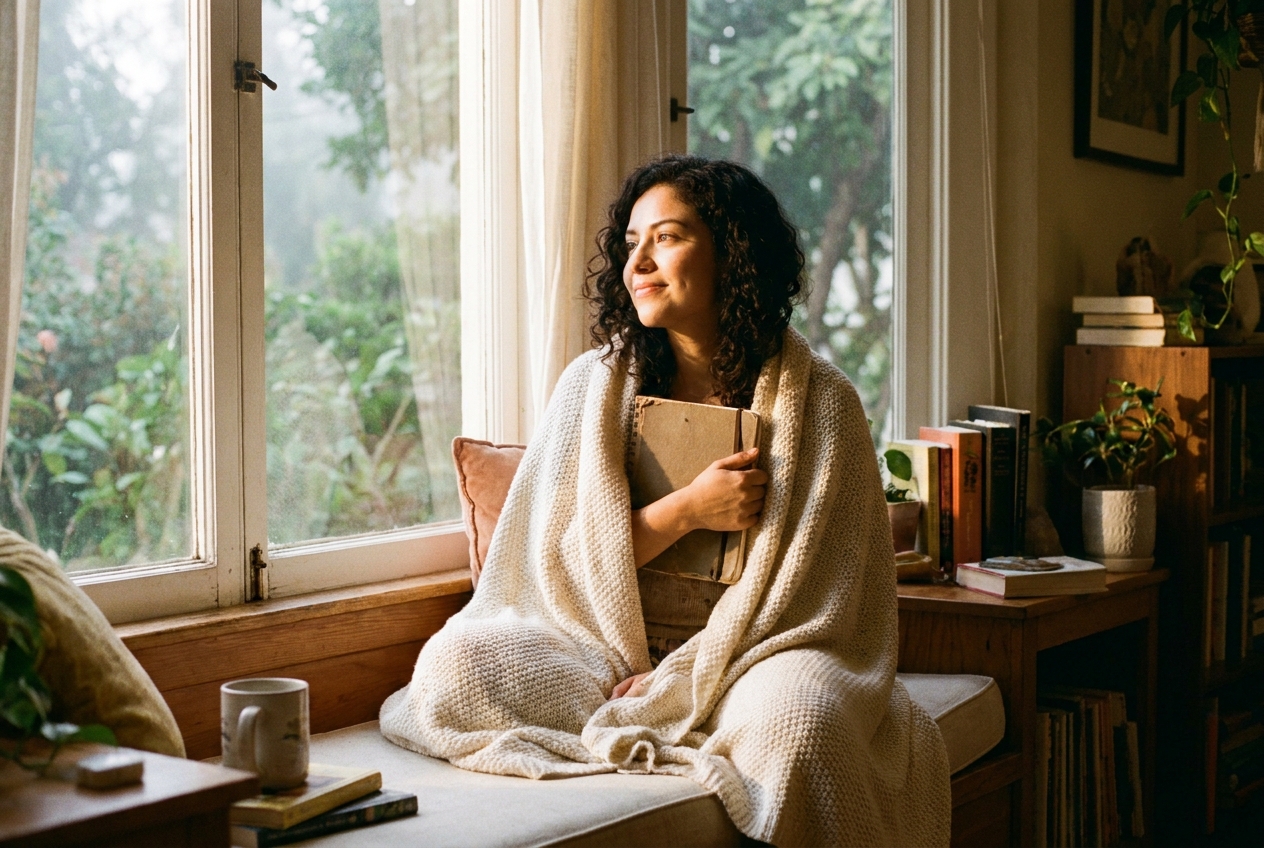 Woman sitting calmly on a sunlit windowsill holding a notebook