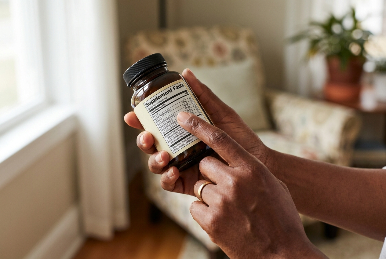 Close-up of hands holding a dietary supplement bottle, focusing on the nutrition label.