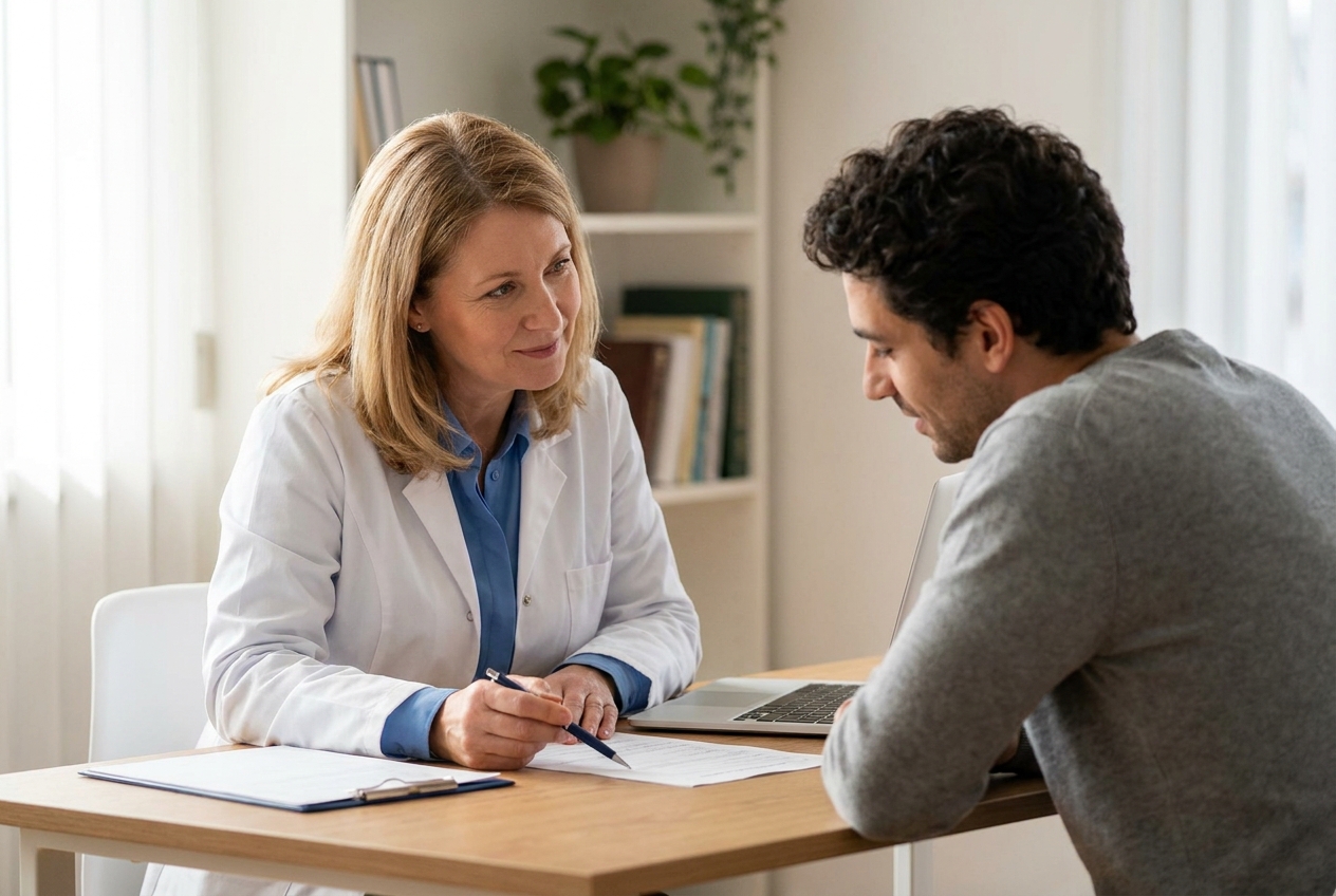 Clinician and patient discussing test results calmly across a desk
