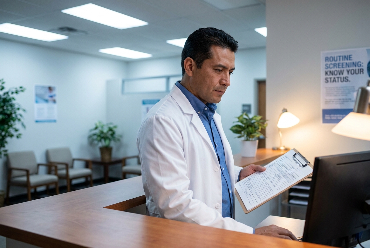 Clinician reviewing a lab requisition form at a clinic reception desk