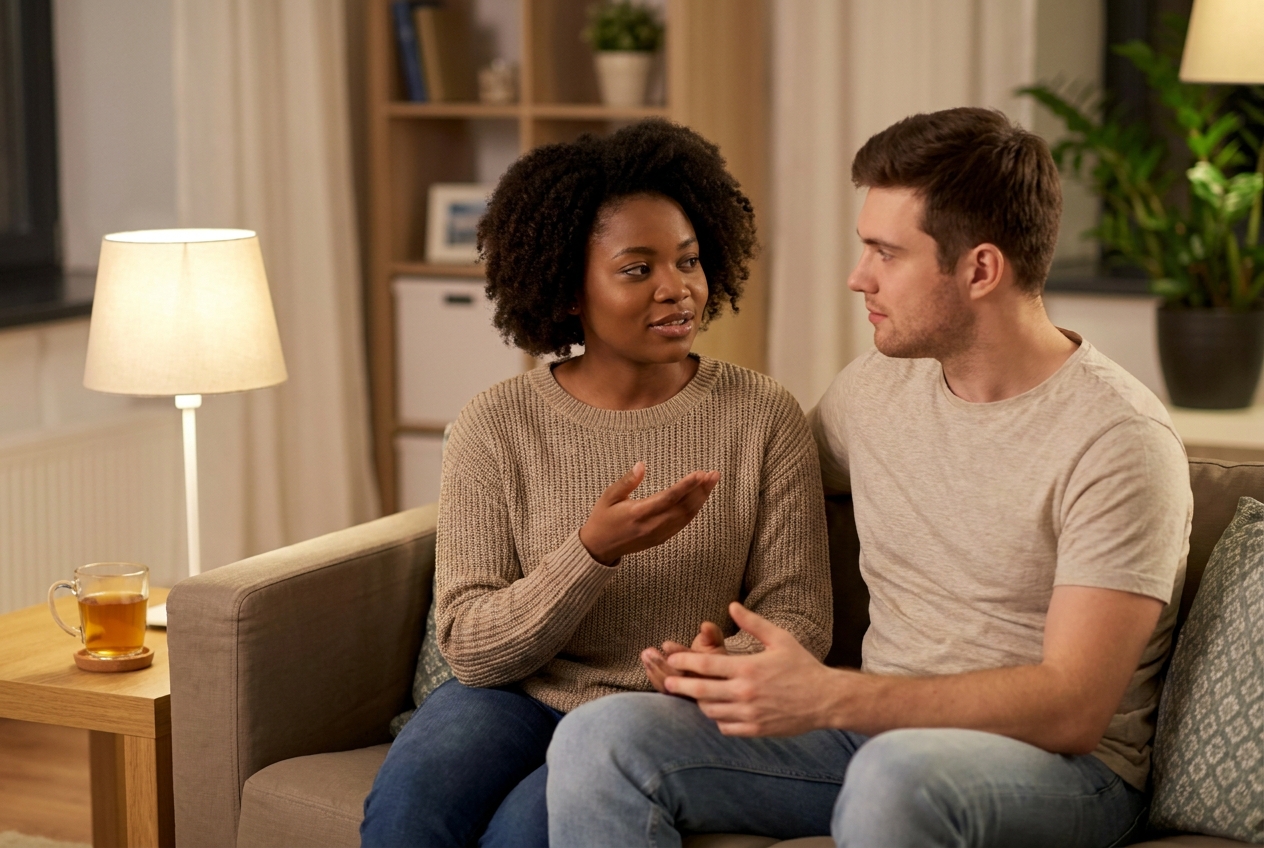 Couple sitting together on a sofa having a calm, open conversation