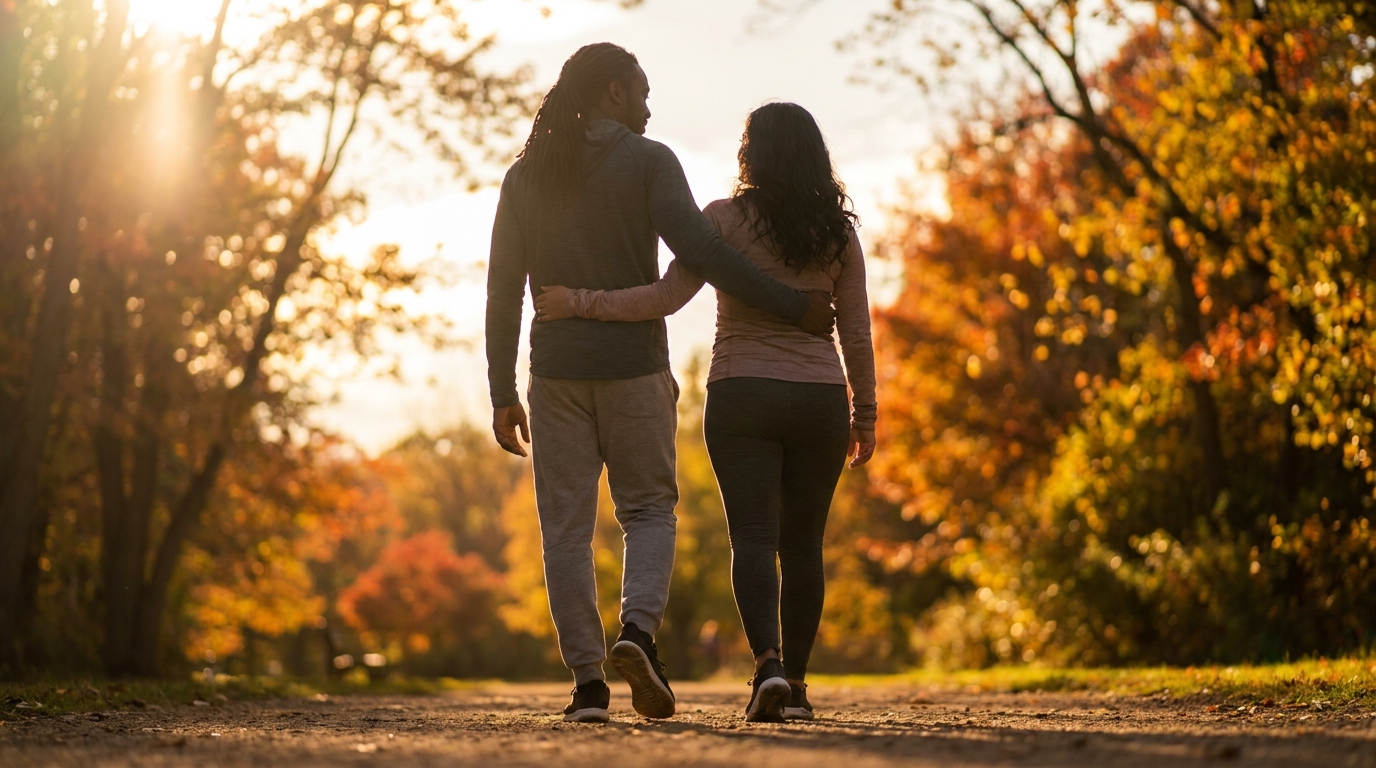 A couple walking happily together with their arms around each other on a scenic park path at sunset.