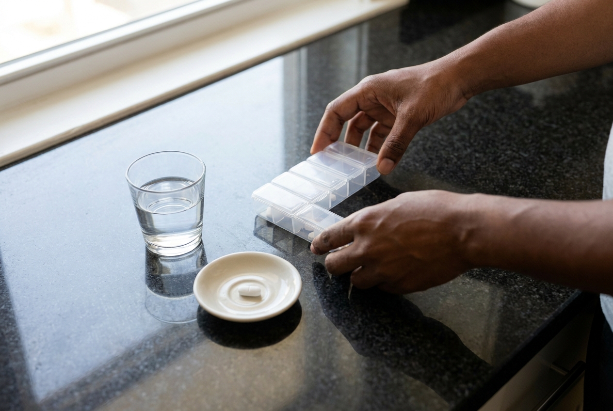 A glass of water and a daily wellness pill on a dark granite countertop.