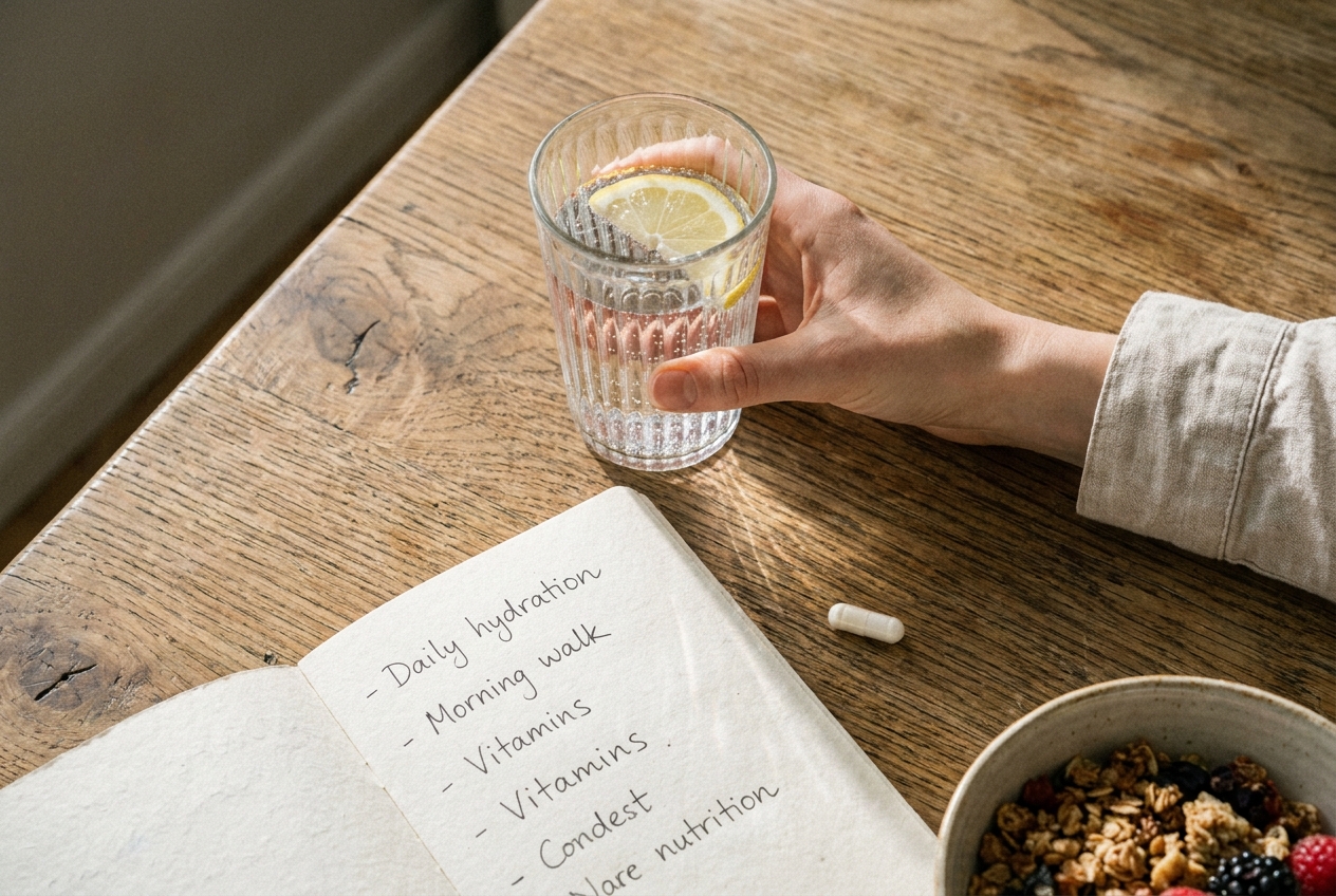 Hand holding a glass of water next to a notebook and a single white supplement capsule.