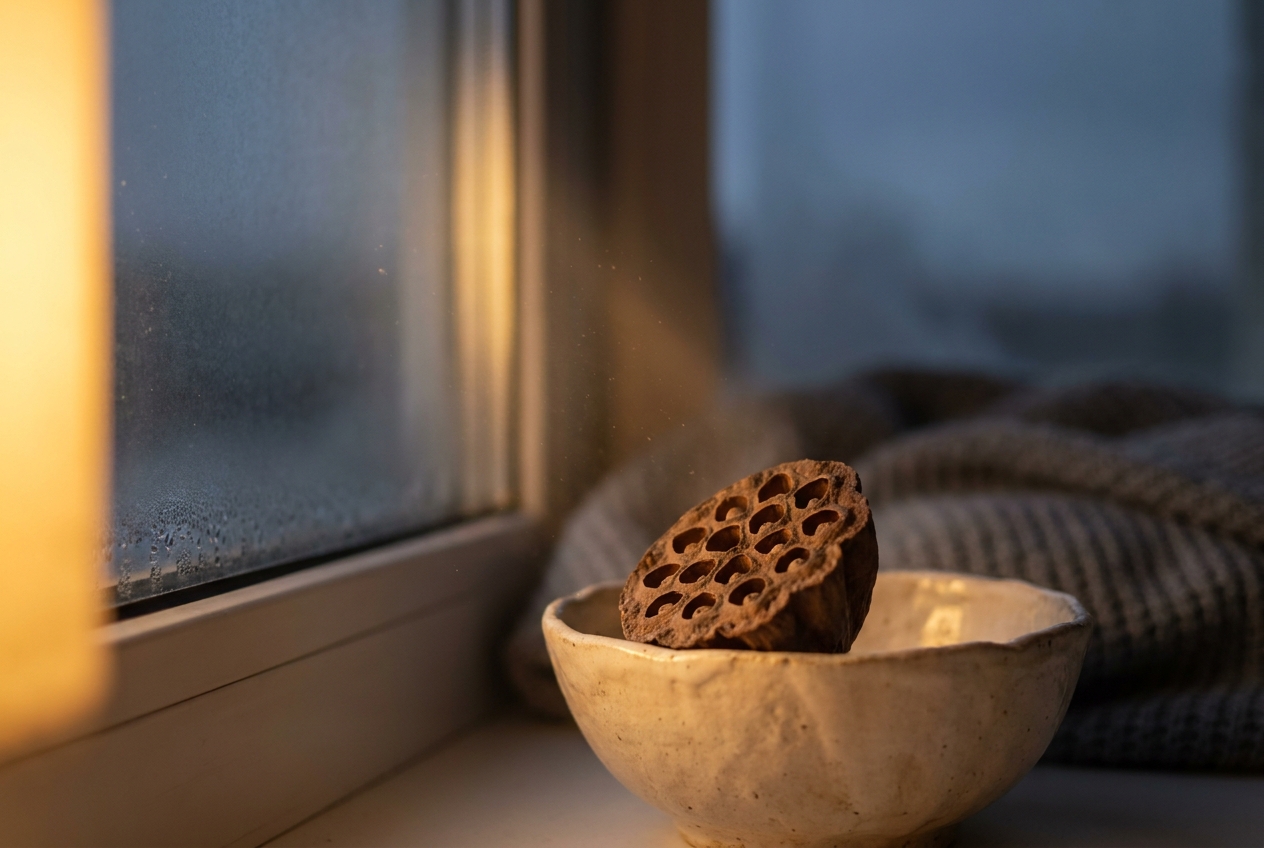 A single dormant seed pod resting in a small ceramic dish on a softly lit windowsill at dusk