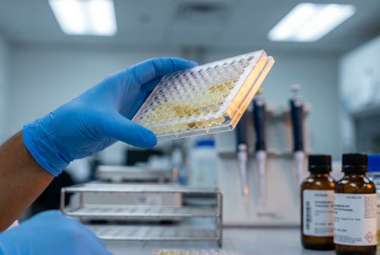 Gloved hands holding a 96-well ELISA microplate under laboratory light