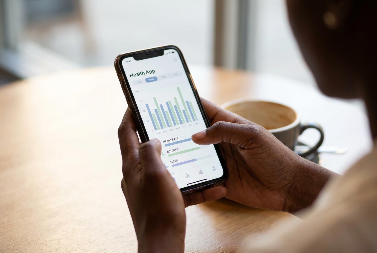 A person viewing a realistic health and wellness tracking application on their smartphone.