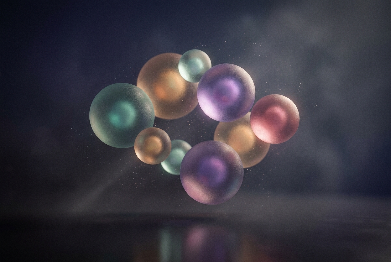 Eight translucent glowing glass spheres of different colors clustered together against a dark background