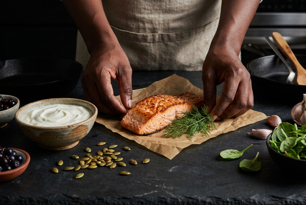Hands arranging L-lysine rich whole foods like salmon and organic yogurt on a dark textured slate kitchen counter.