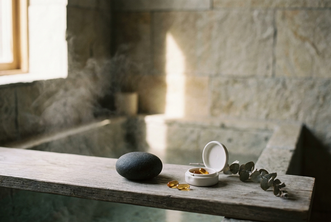A smooth river stone and two clear capsules on a wooden bath tray surrounded by steam.