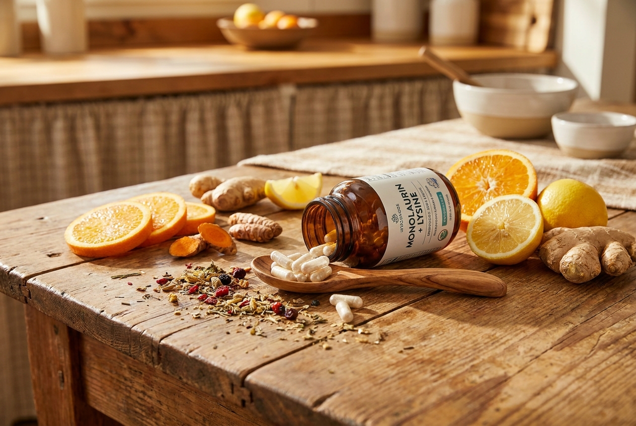 Amber supplement bottle and clear capsules resting next to fresh ginger and citrus on a wooden table.