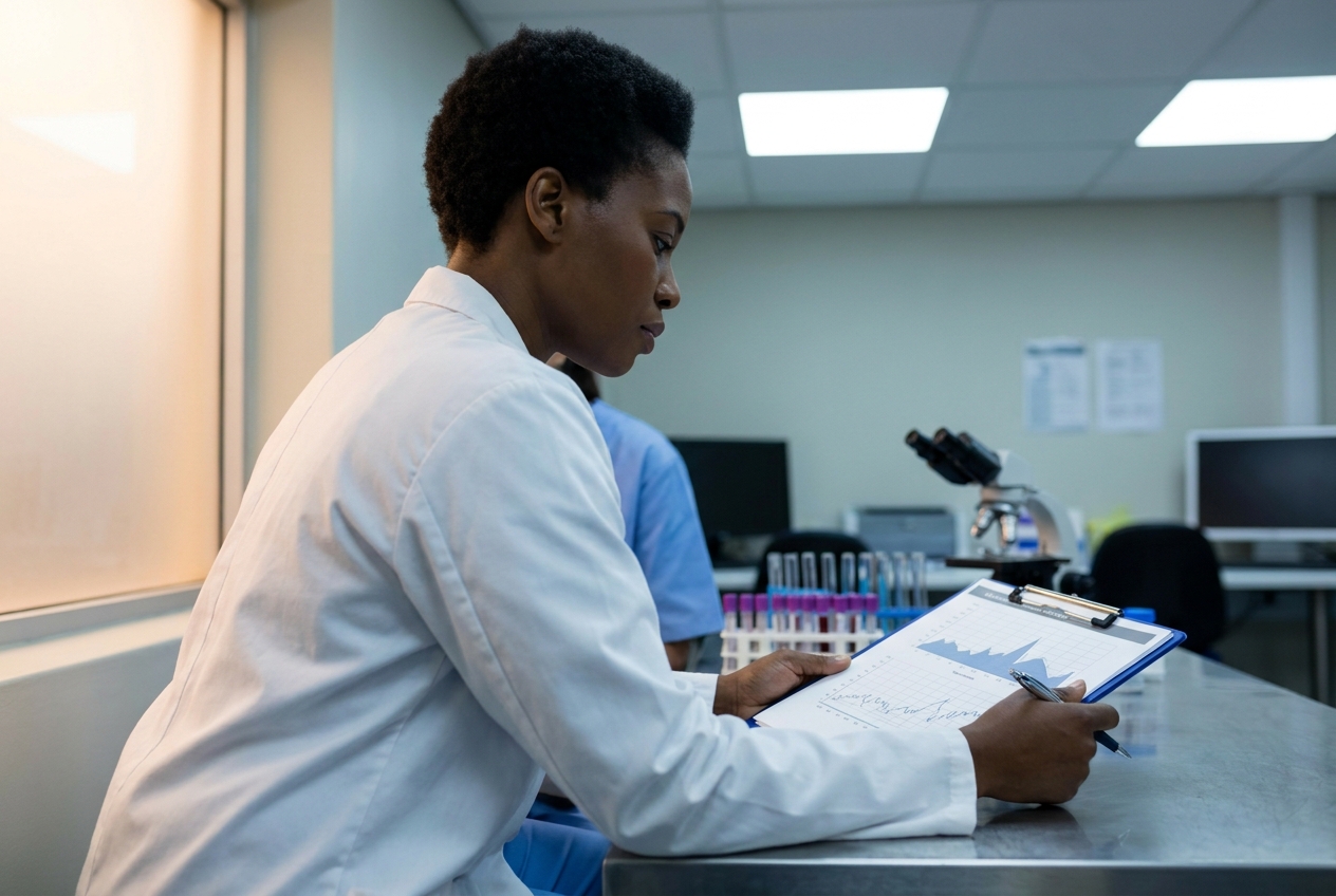 Lab professional reviewing printed test performance data on a clipboard