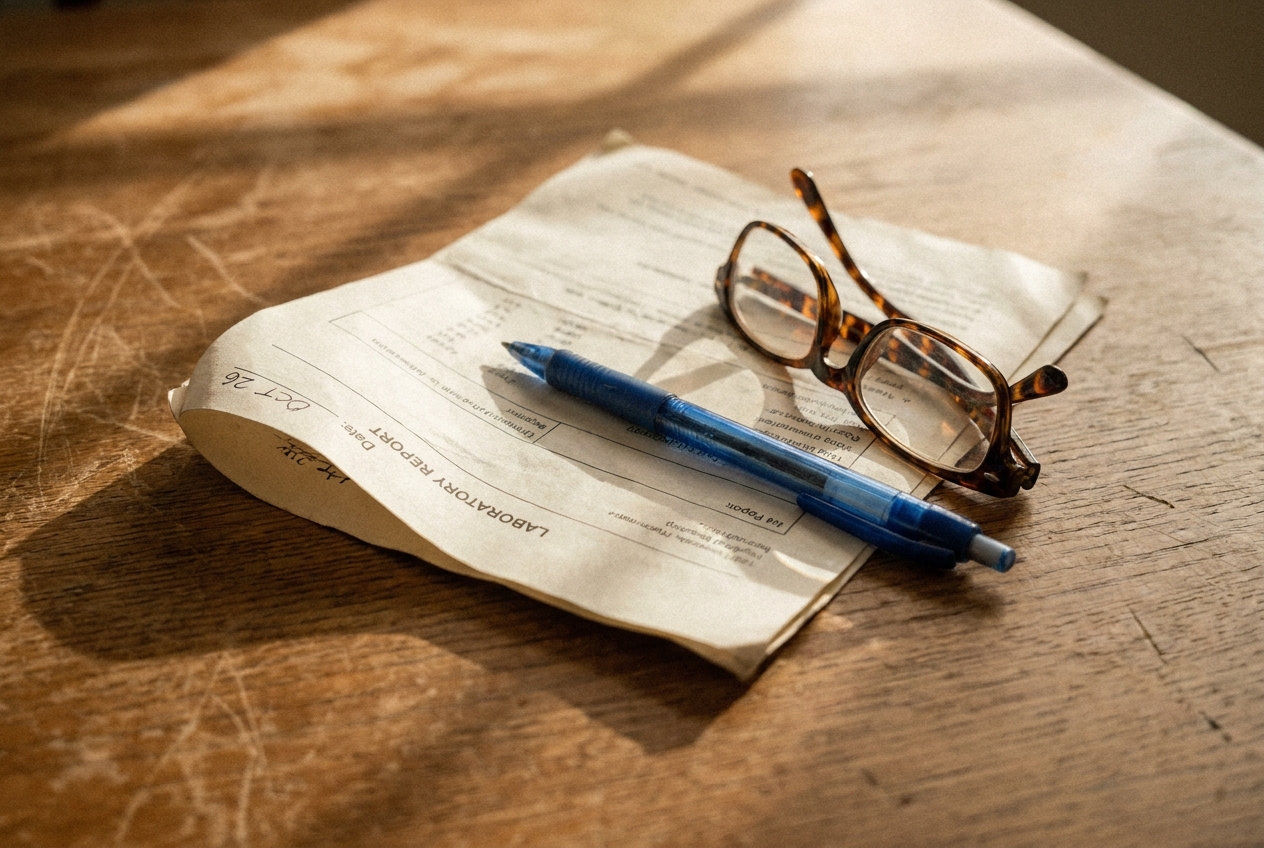 Close-up of a printed lab report, pen, and reading glasses on a wooden table