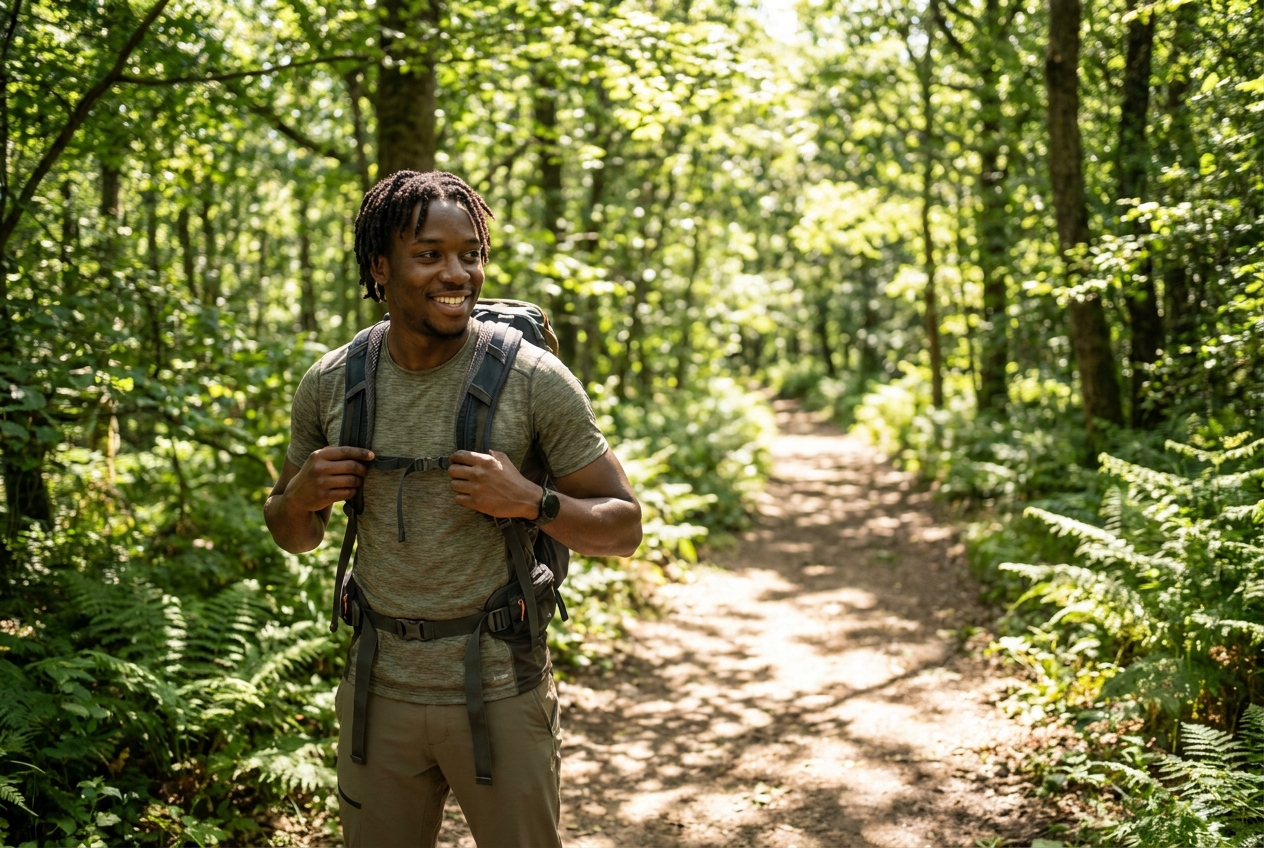 Confident Black man smiling while adjusting his backpack on a sun-dappled forest hiking trail.