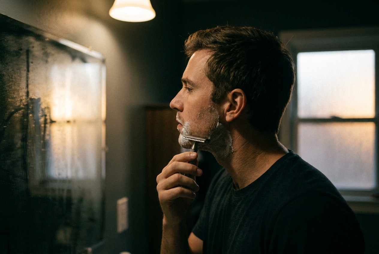 Man gently holding a metal safety razor near his face in a bathroom.