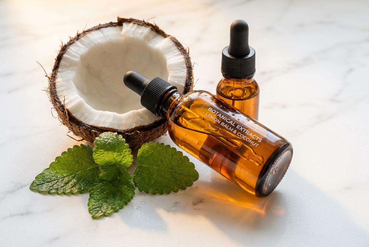 Medical amber glass dropper bottle placed next to fresh raw coconut and green lemon balm leaves on a bright marble surface.