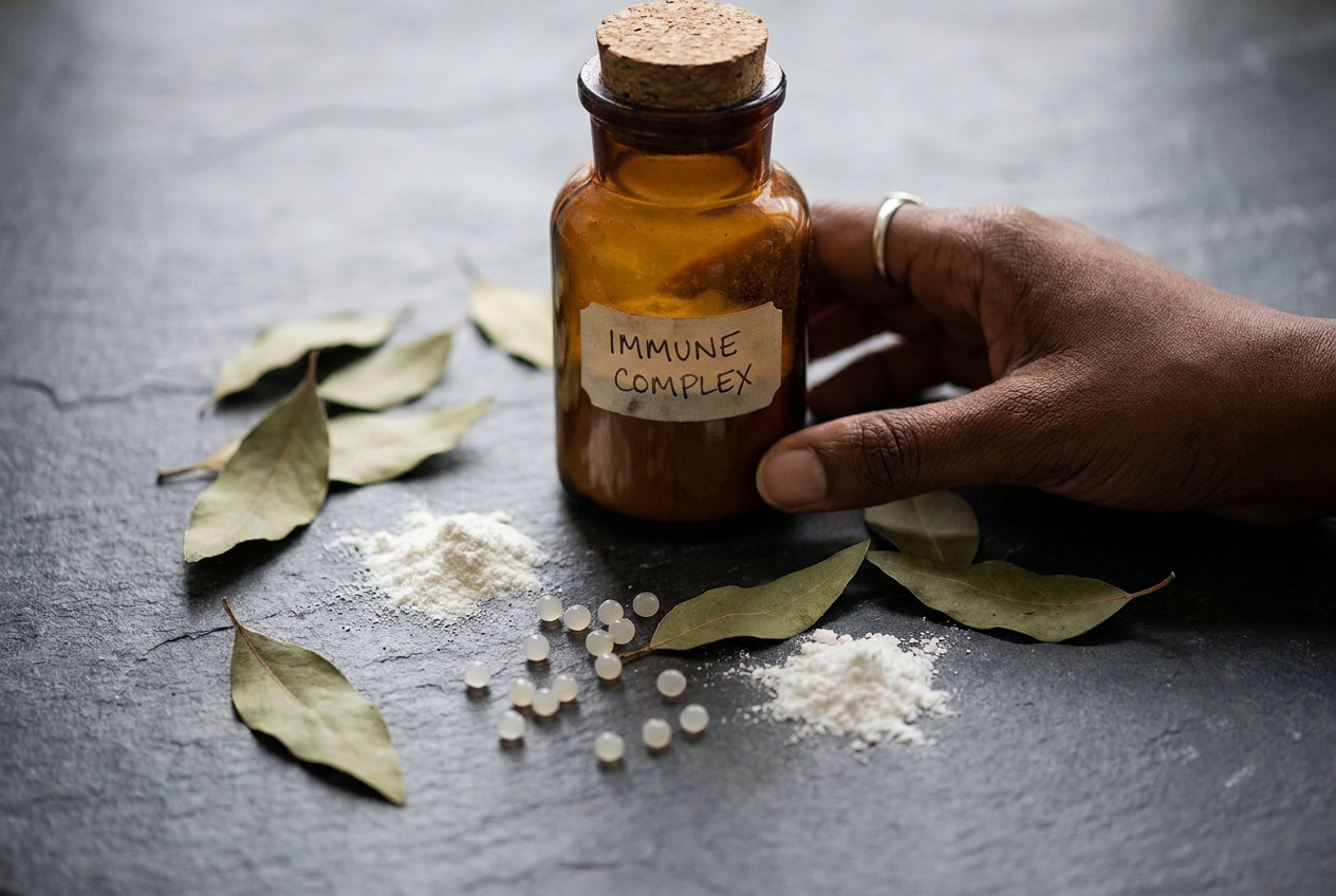 Raw botanical ingredients and powder scattered around an amber apothecary jar on a slate counter.