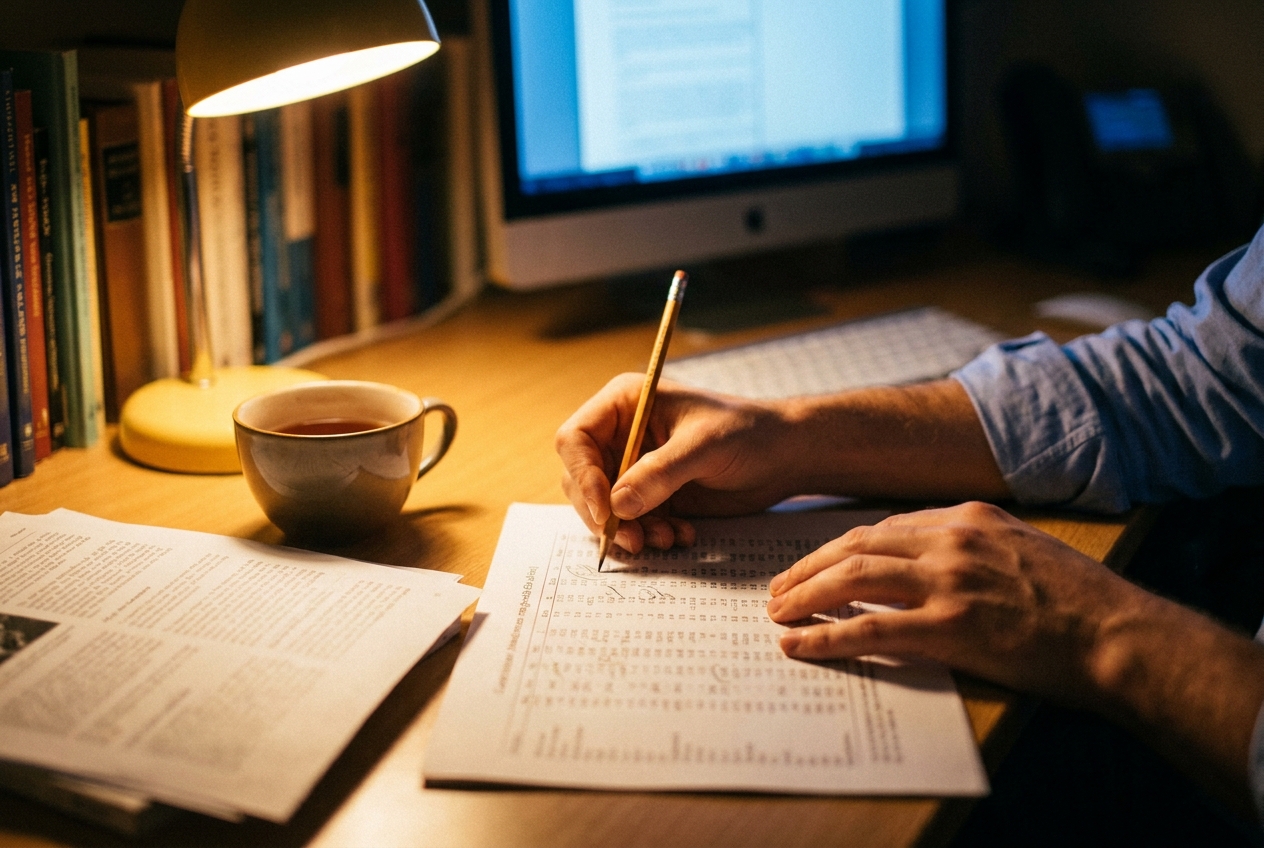 Researcher's hands annotating a printed chart at a warmly lit desk in the evening