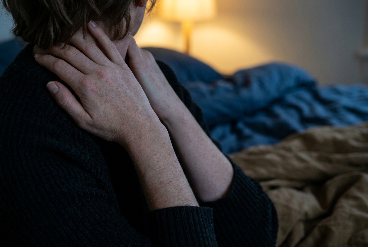 Close-up of fair-skinned hands gently massaging tension from the back of the neck in a softly lit bedroom.